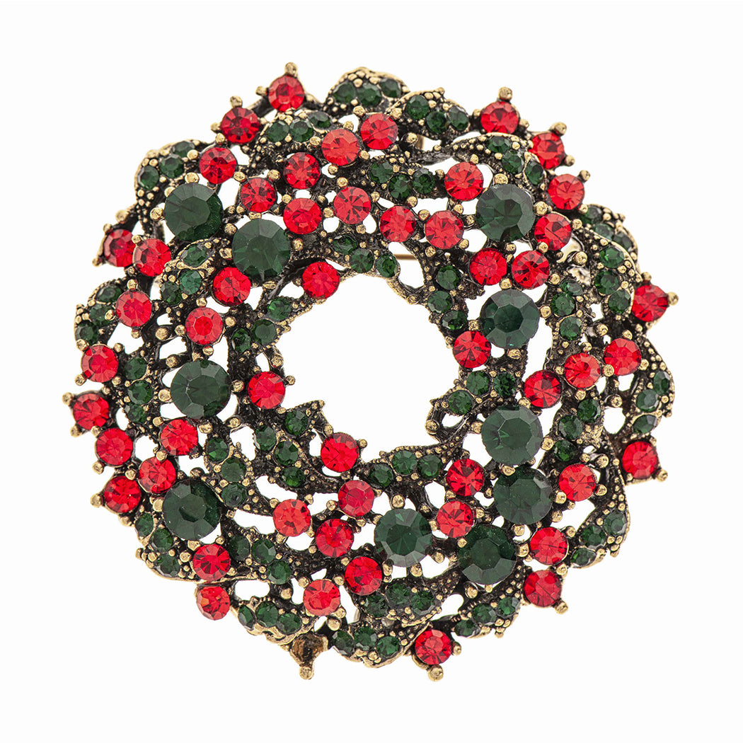 Christmas Wreath Brooch Pin Gold Tone Candle Rainbow Rhinestones 2 Quality