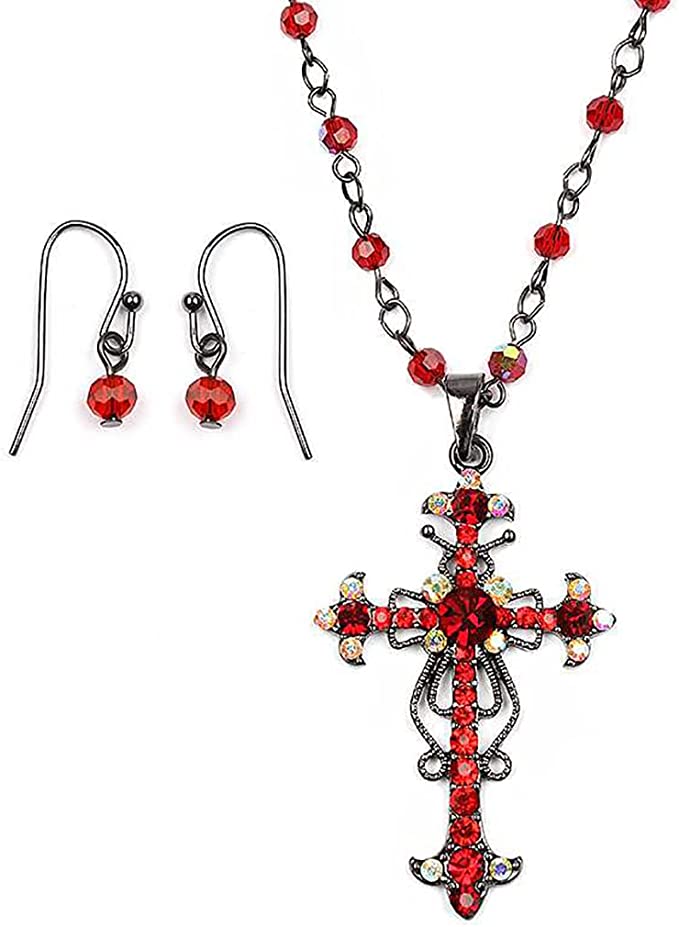 Rosemarie's Religious Gifts Stunning Vintage Vibes Crystal Rhinestone Christian Cross Pendant Necklace Earrings Set, 18+3 Extender (Red Crystal Burnished Silver Tone)