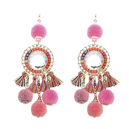 Long Pink and Lavender Pom Pom and Tassel Statement Drop Earrings ...