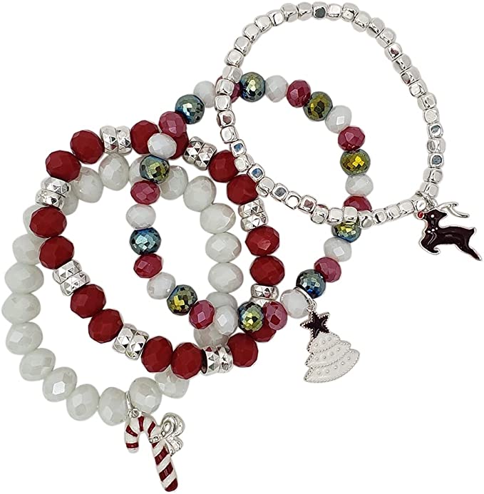 White Crystal Tri-Color Set of 3 Stretch Charm Bracelets