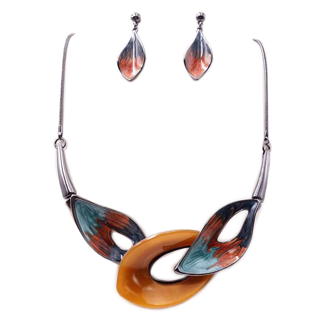 Unbe"leaf"able Statement Enamel Leaf Resin Necklace Earrings Set, 12"+3" Extender (Fall Mix Orange Blue Hematite Tone)