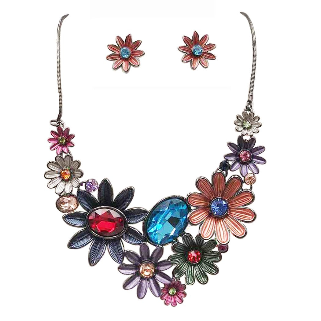 Stunning Enamel and Lucite 3D Flower Collar Necklace and
