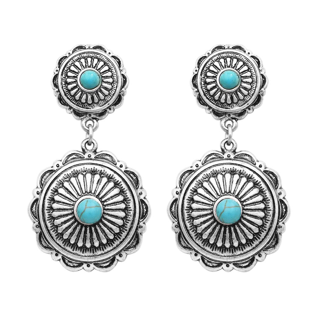 Turquoise Posts, Oval Conchos, Spindly Fringe Earrings