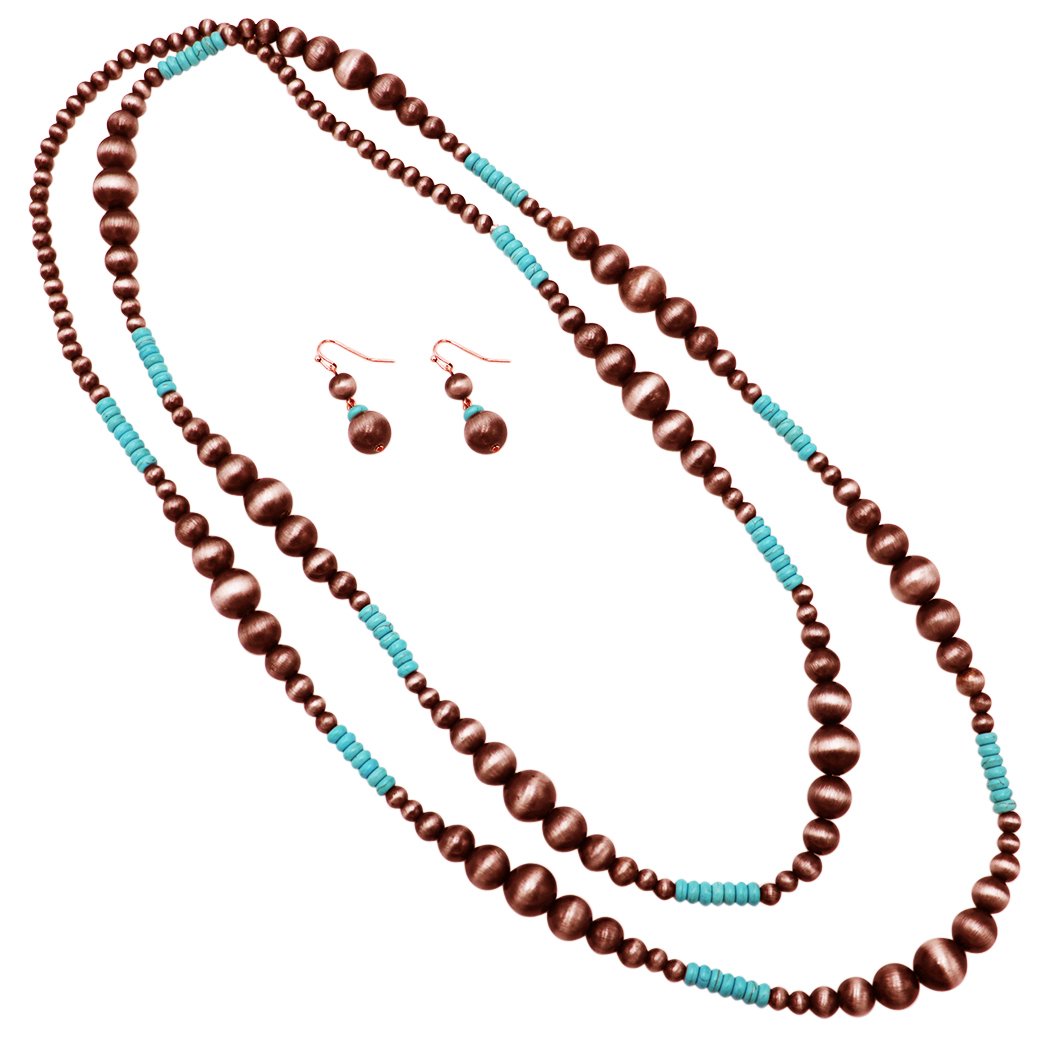 Women's Extra Long Metallic Silver Tone and Turquoise Beaded