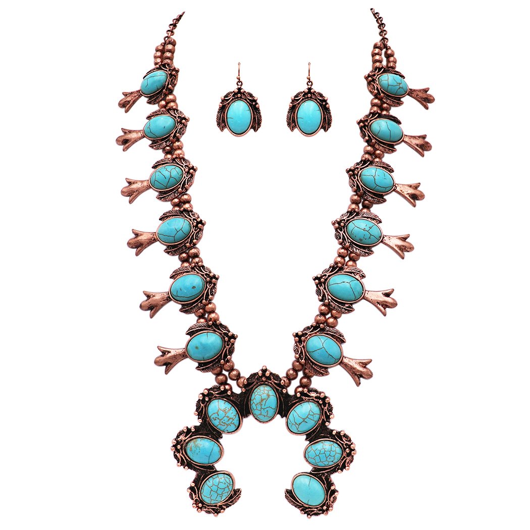 Western Style Turquoise Stone Squash Blossom Handcrafted Lariat Necklace 24  Inch and Matching Dangle Earrings