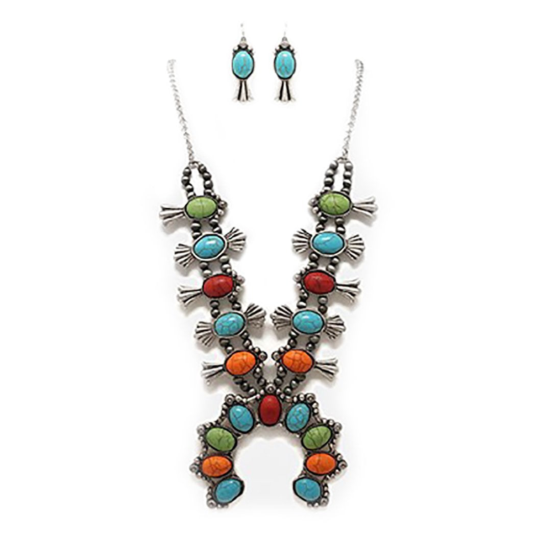 Western Style Turquoise Stone Squash Blossom Handcrafted Lariat Necklace 24  Inch and Matching Dangle Earrings