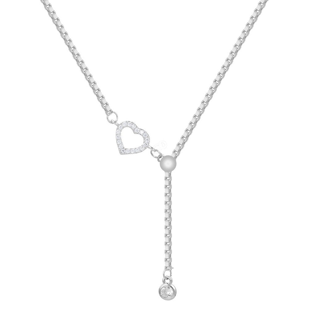 Adjustable Silver Tone Y Necklace with Crystal Rhinestone Heart Detail ...