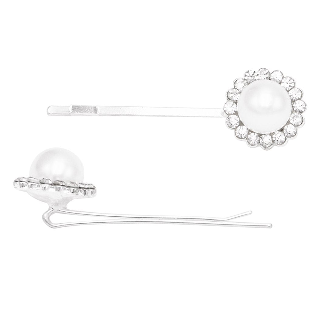 Rosemarie Collections LLC Set of 3 Acetate and Simulated Pearl Hair Clip Bobby Pins Snap Hair Barrette Accessories (Black and Silver Tone Pearls)