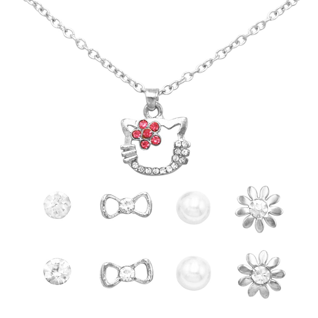 Girl's Crystal Rhinestone Kitty Cat Necklace and 4 Pairs Earrings Jewe –  Rosemarie Collections