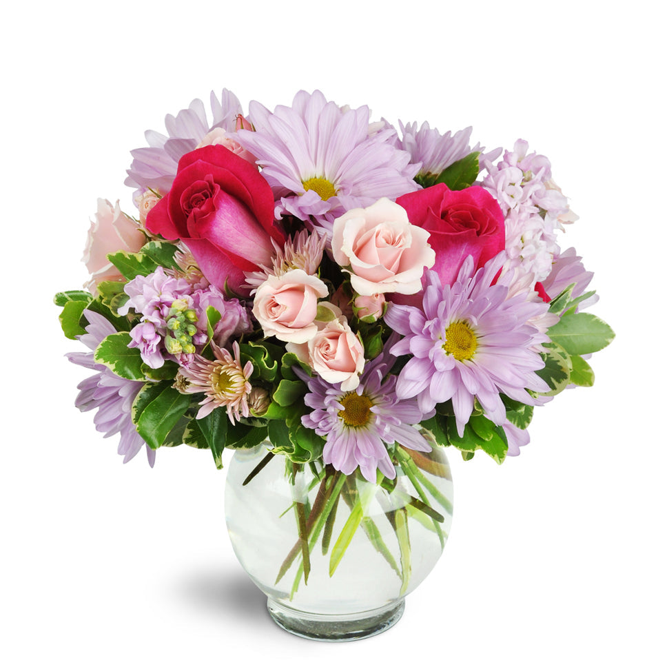 Sweet Surprise™ - Standard. Hot pink roses stand out among light pink and lavender daisies, spray roses, and more.