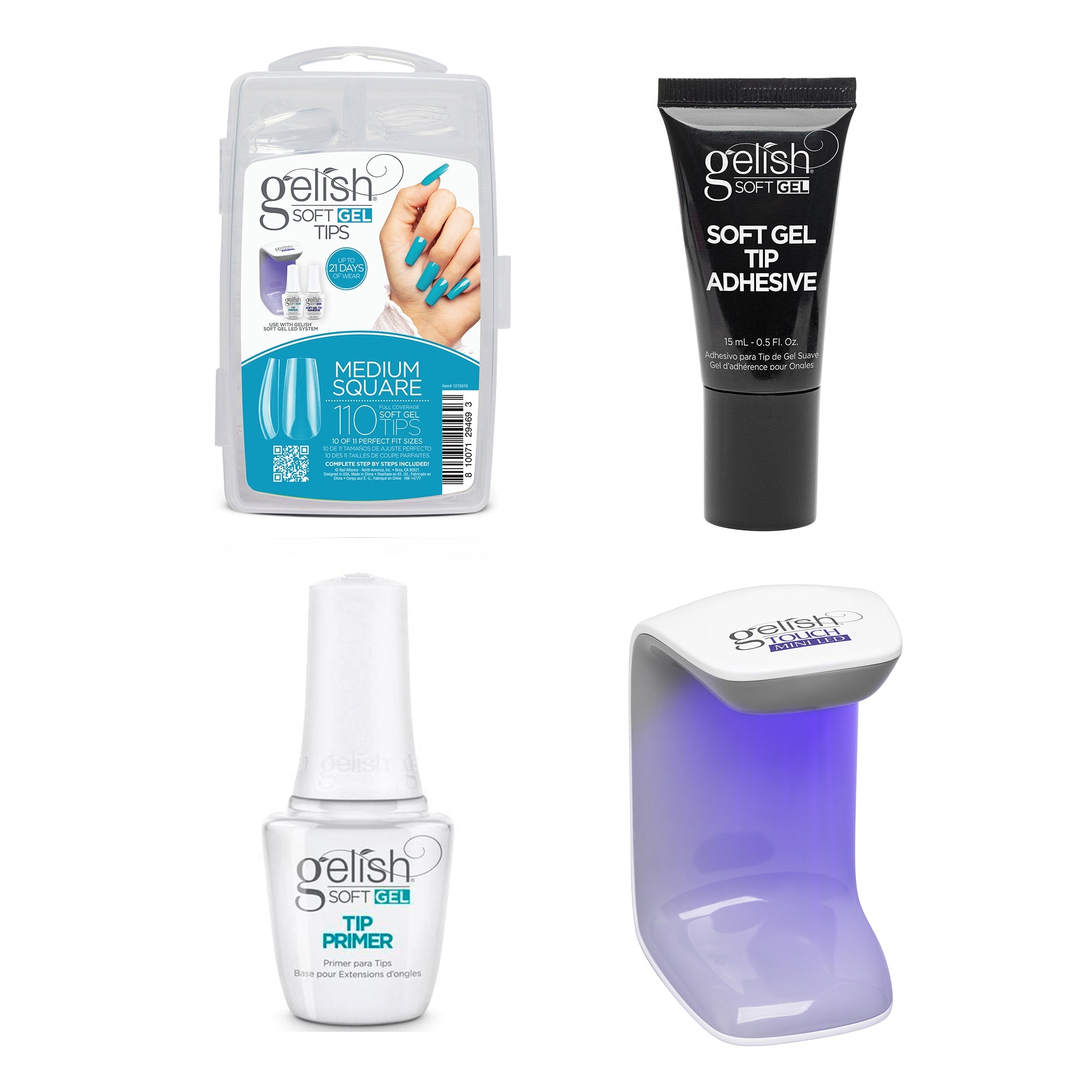 Gelish - Touch Mini Lamp, Tip Primer, Adhesive Tube, & Soft Gel Tips - MEDIUM SQUARE