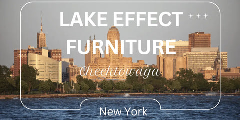 Downtown from Lake Erie with overlay 'Lake Effect Furniture and Mattress Store Cheektowaga New York'.