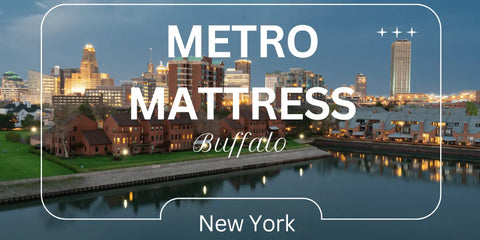 Buffalo skyline at night, lights reflecting on water, with 'Metro Mattress New York' overlay.