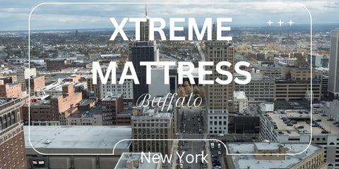 Aerial view of Downtown Buffalo with 'Xtreme Discount Mattress New York' across the image.
