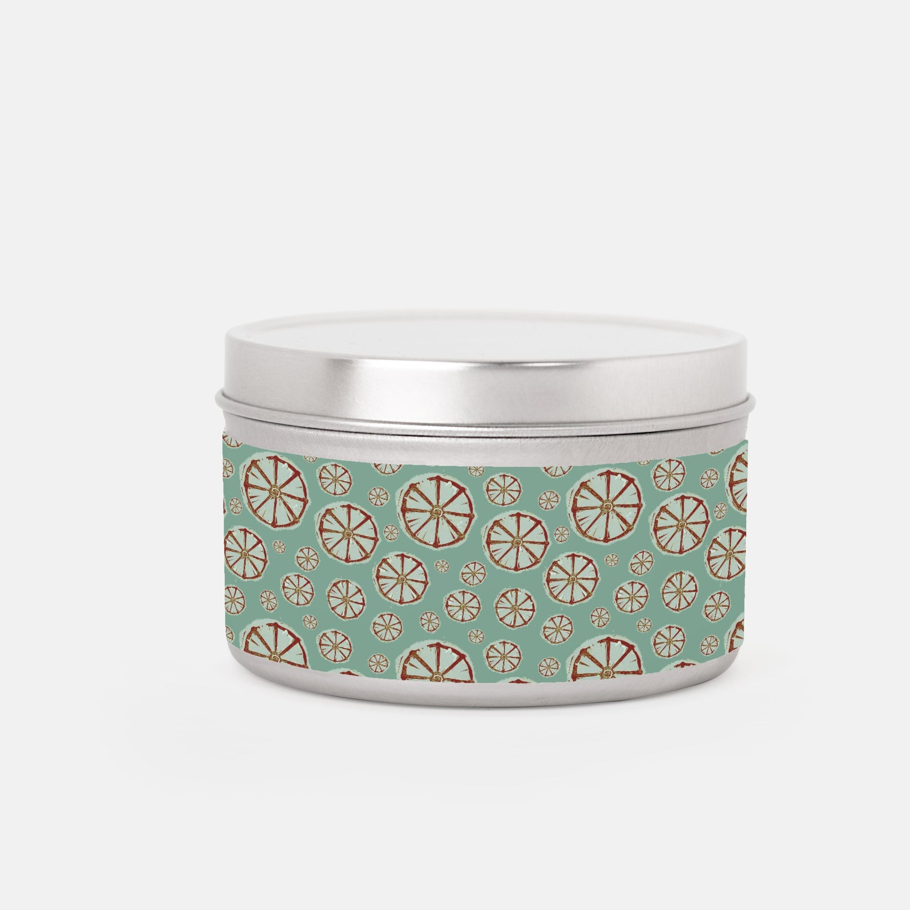 Candle Tin 8oz.: Wheel, Ochre – Philomela Textiles and Wallpaper