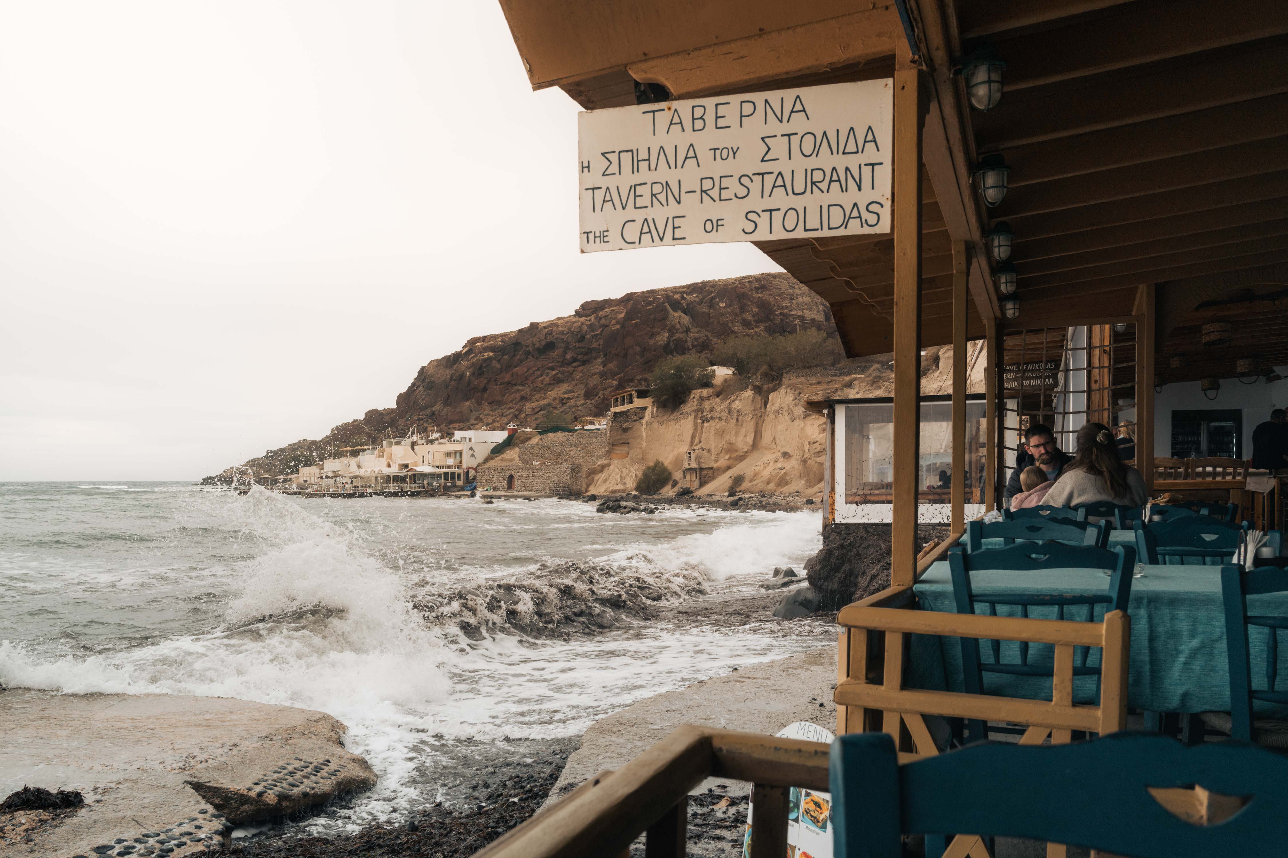 Seaside restaurant in Akrotiri, Santorini on a rainy day.