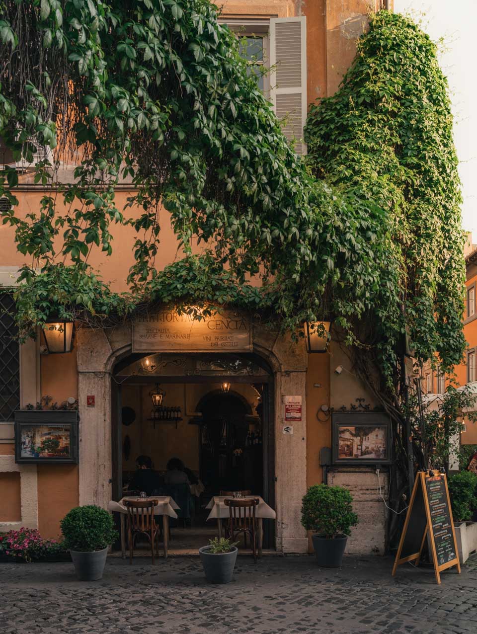 Local restaurant in Trastevere, Rome with green vines hanging above