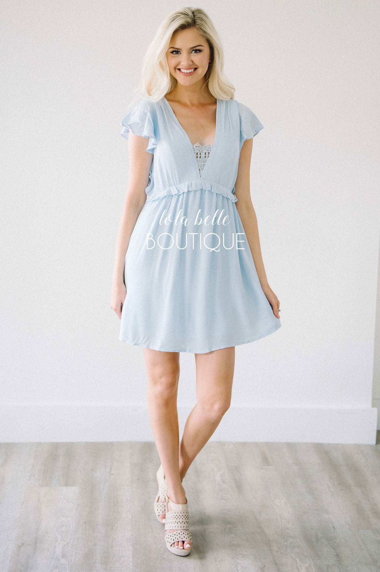 light blue flutter sleeve dress