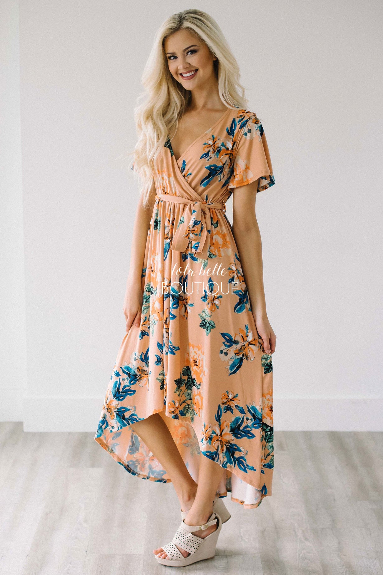 peach floral wrap dress