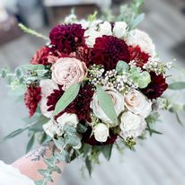 bridal bouquet, boho, burgandy and pink