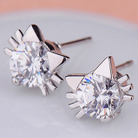 High Quality Silver Plated Jewelry Chic Cat Purple Crystal Ear Stud Ea