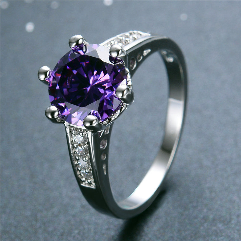 JUNXIN Elegant Purple Round CZ Ring Vintage Wedding Rings 