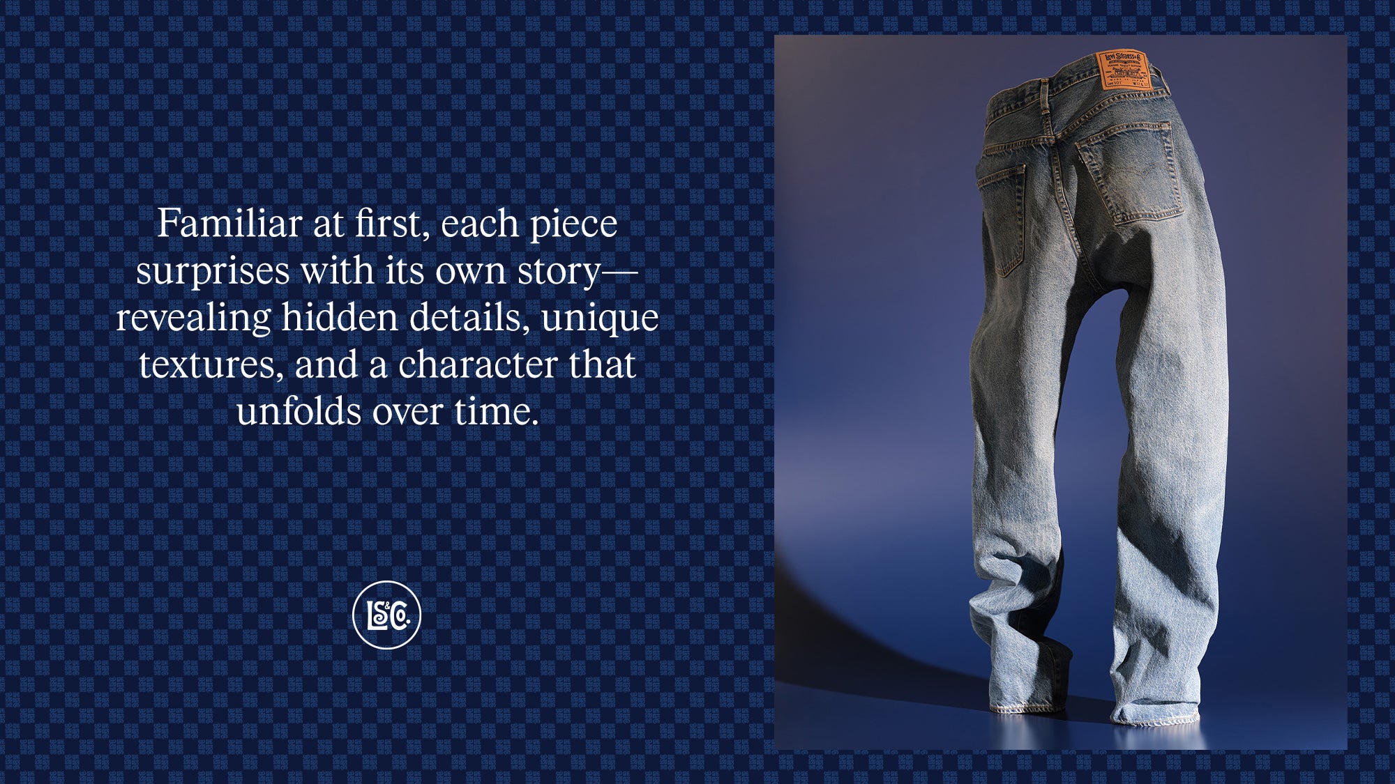 A pair of light-washed denim jeans stands upright on its own against a deep blue gradient background - Levi's Hong Kong