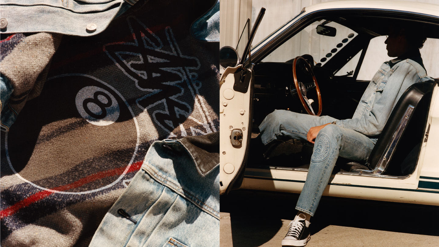 身穿 Stussy x Levi's 牛仔樓的男士坐在他的汽車裏 - Levi's 香港