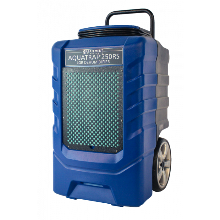 Blue AQUATRAP 250RS LGR dehumidifier with a black handle and wheels.