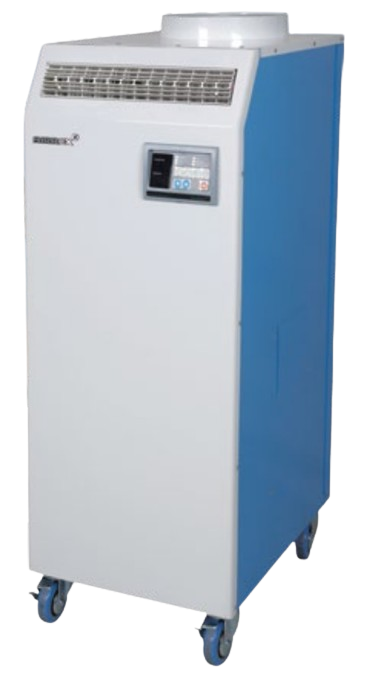 TEMP-AIR Airrex AHSC-18P 1.5 Ton Portable Heat Pump - White and blue industrial HVAC unit with digital control panel, front air intake, top air exhaust, and rolling casters.