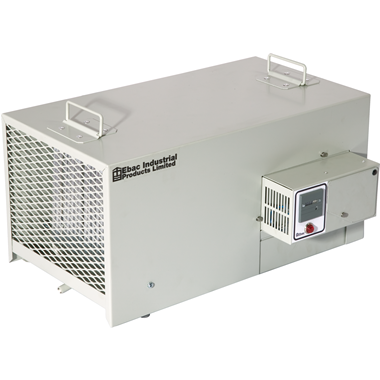 The image shows the CD30-SE Dehumidifier from EBac Industrial Products Limited, highlighting its additional design features. The unit is portrayed with a sleek, industrial grey finish, a front grille for air intake, and carrying handles on top for portability. On the side, there's a control panel with visible settings and indicators, encapsulating the practicality and user-focused design of this model