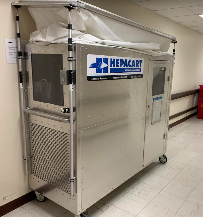 hepacart 74" classic mobild containment cart with built in air scrubber in a hospital