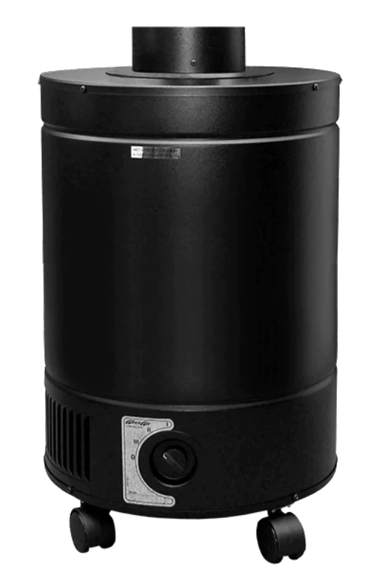 AllerAir AirMedic Pro 6 Plus W Air Purifier in black with a power control knob on a white background.