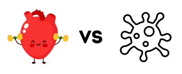 Cartoon heart lifting weights vs virus outline.