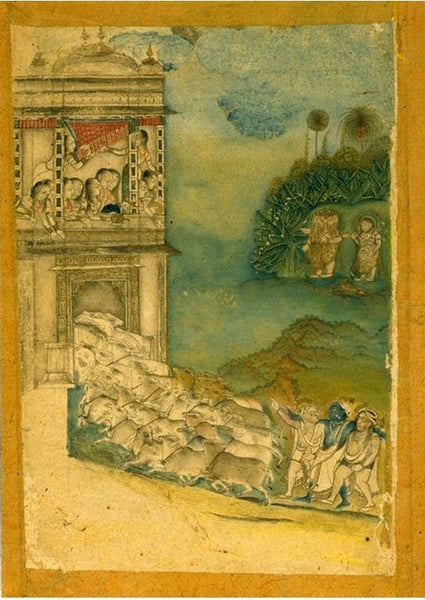 Miniature Painting of Krishna and his fellow cowherds bringing cows home 