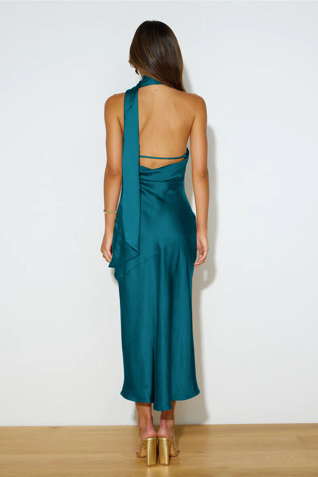 Slinky Open Back Halter Satin Dress