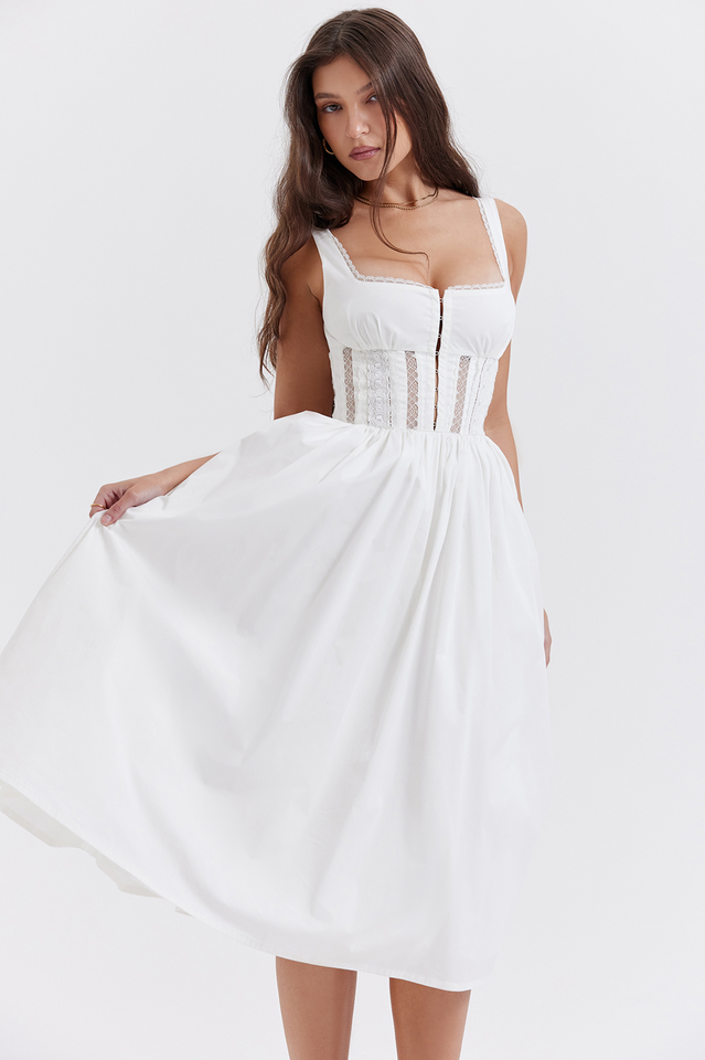 White Lace Trim Midi Dress