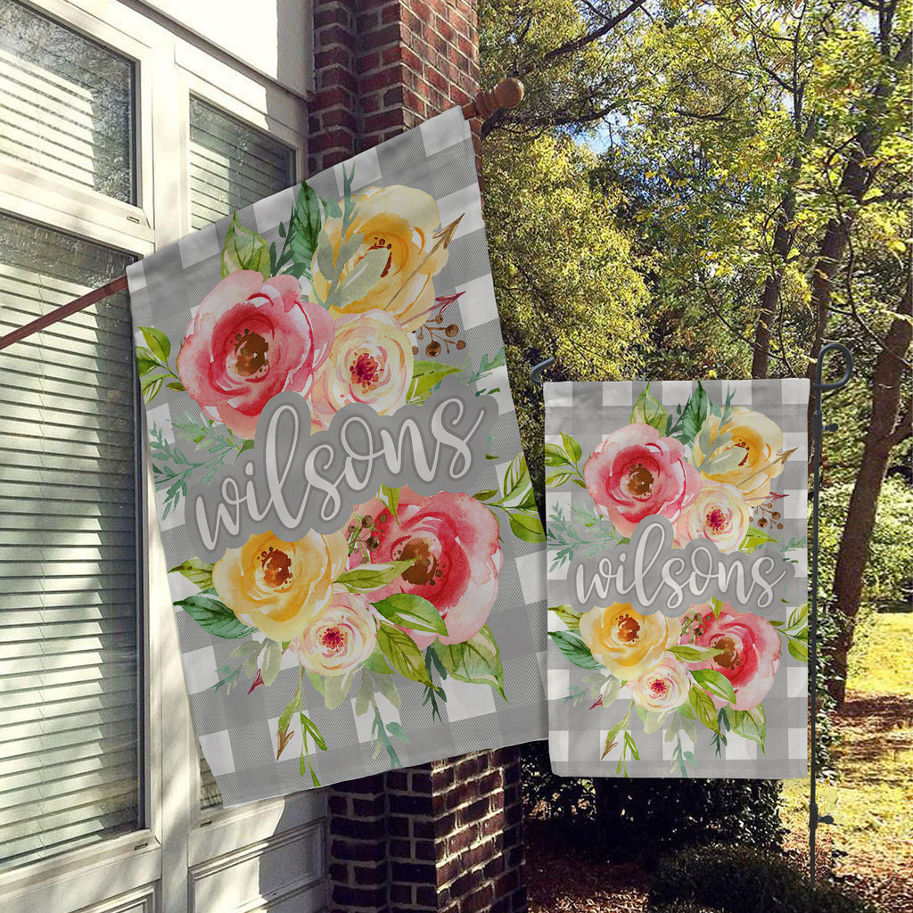 Personalized Flag, Welcome Garden Flag, Welcome House Flag, Farmhouse Flag, Rustic Country Decor, Yard Art, Grey Buffalo Check Bright Floral