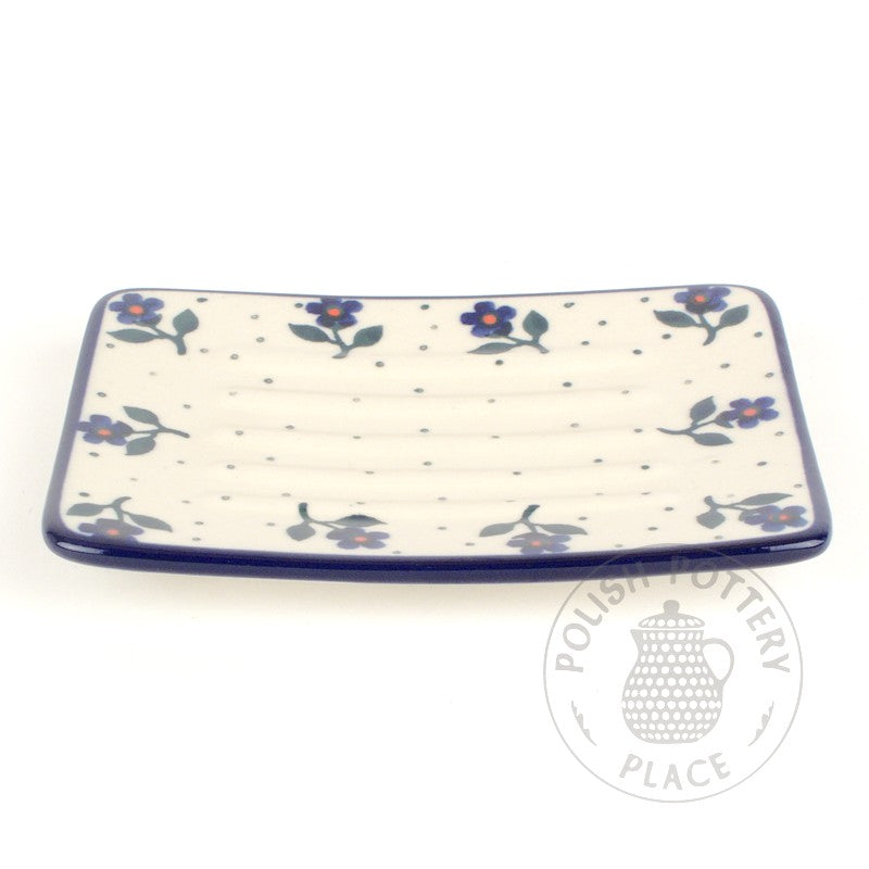 Rectangular Soap Dish - Blue Flowers on White