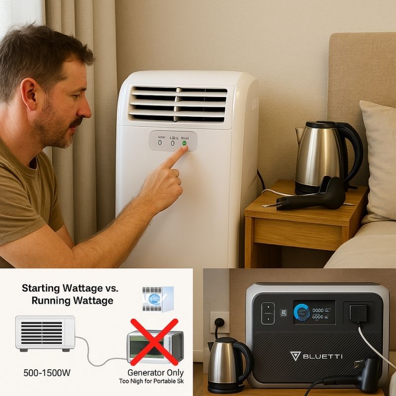 A middle-aged man adjusts portable air conditioner while Bluetti powers it