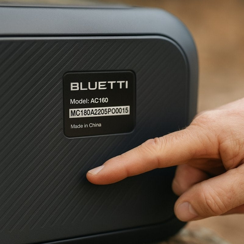 Finger pointing at Bluetti serial number label for warranty verification