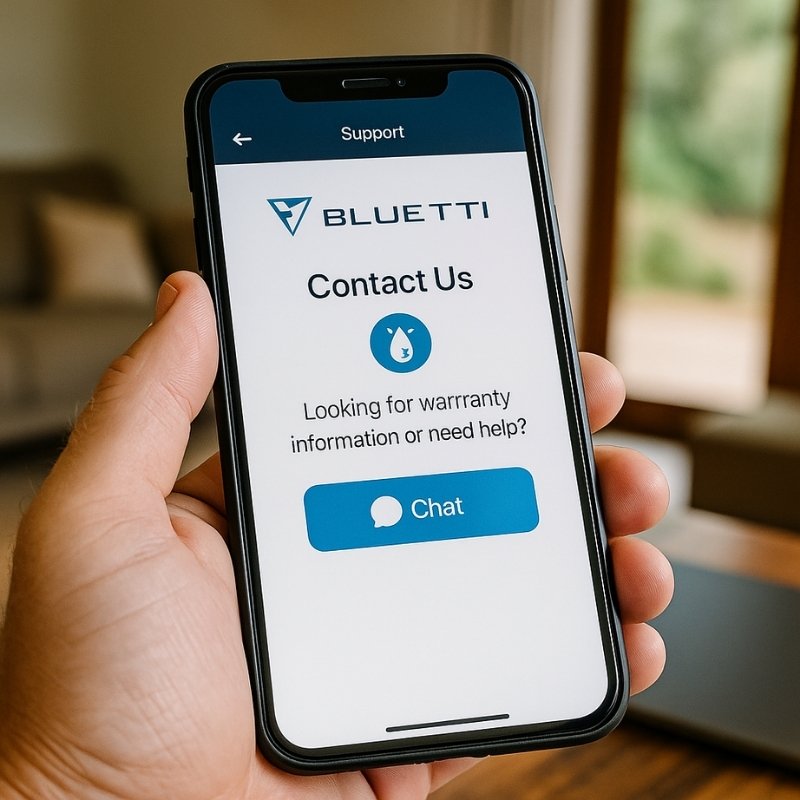 Bluetti support page shown on smartphone screen in Aussie living room