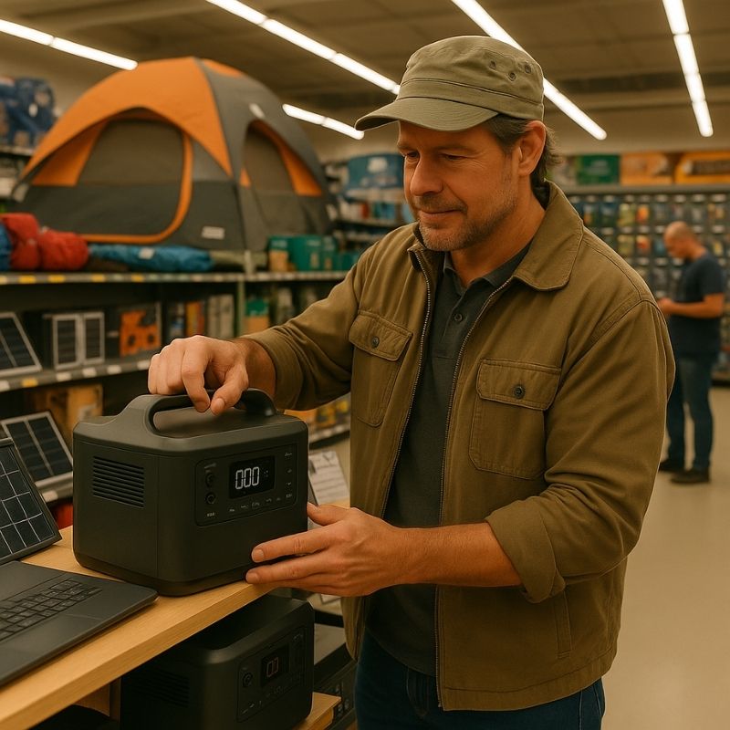 Middle-aged man inspecting a portable power station in a camping store, surrounded by tents and gear