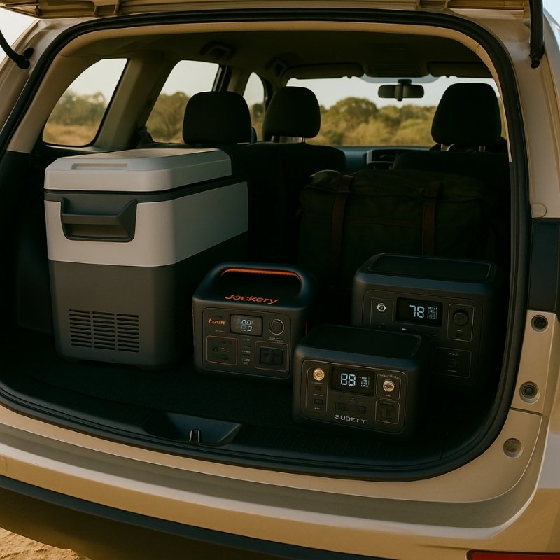 Multiple portable power stations beside fridge in SUV boot