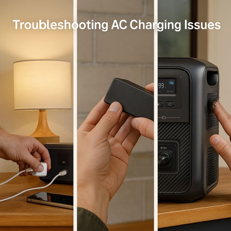 Triptych showing AC charging troubleshooting steps for Bluetti power station