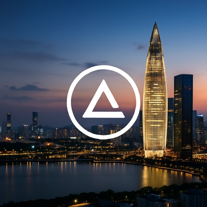 Zhuhai city skyline at dusk with corporate logo overlay