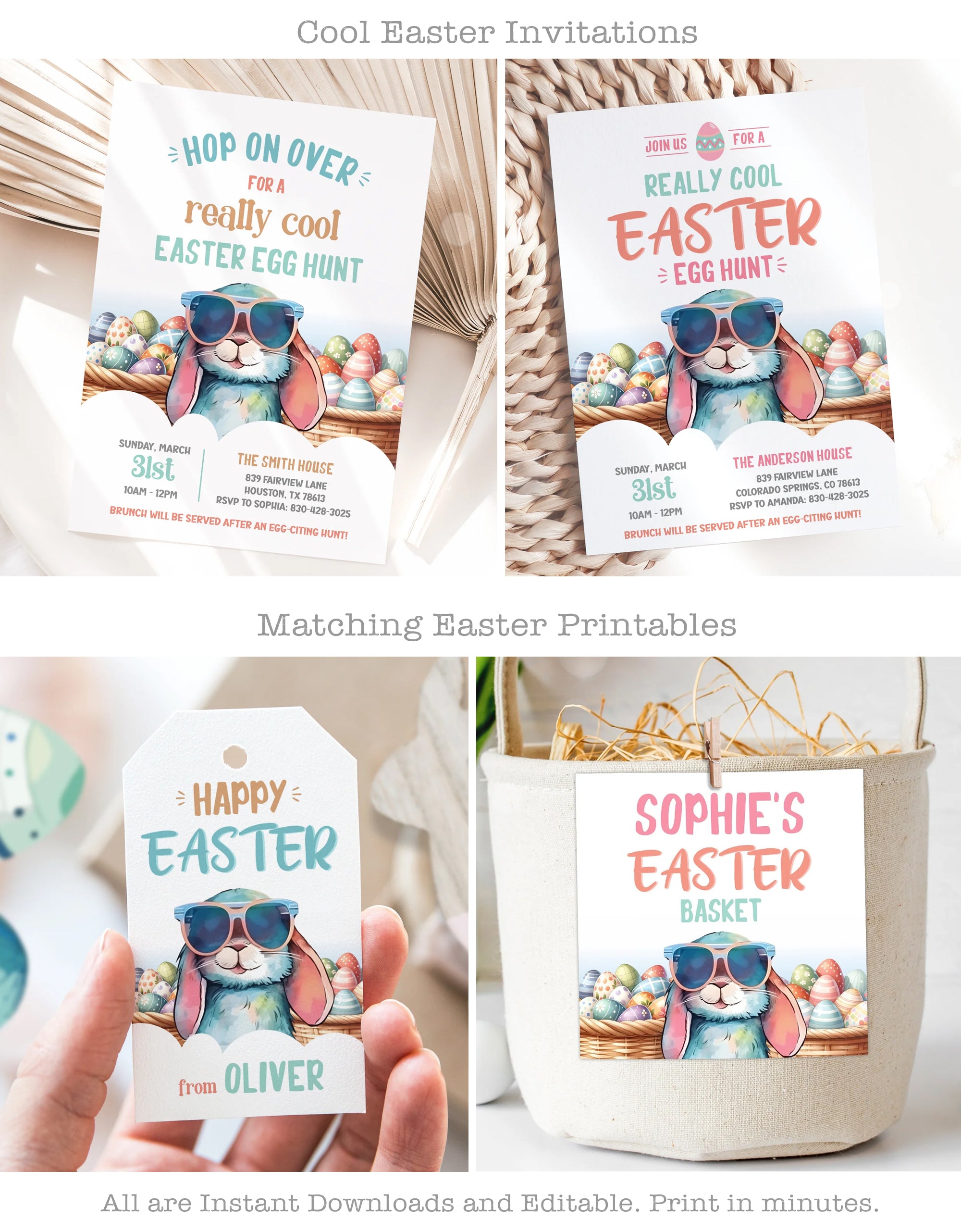 Cool Easter Invitations and Easter Basket Labels - All editable and printable
