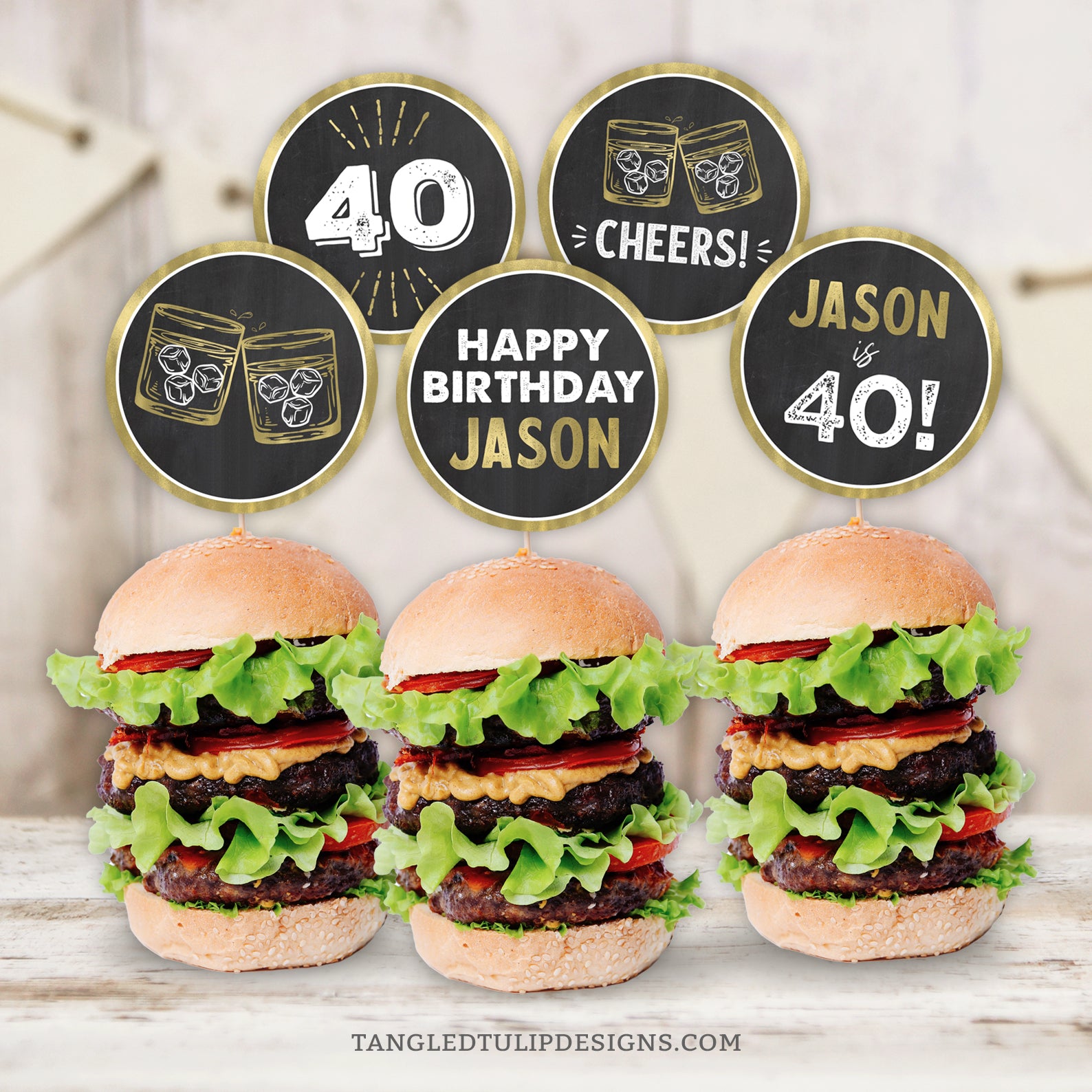 Editable Whiskey theme 40th Birthday Cupcake Toppers or Slider Toppers. Fully customizable, these toppers are gold and white on a classic chalkboard background, making them perfect for celebrating his 40th birthday, or for ANY AGE. By Tangled Tulip Designs.