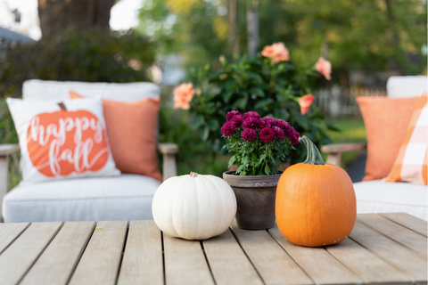 White and orange pumpkin on wooden patio table