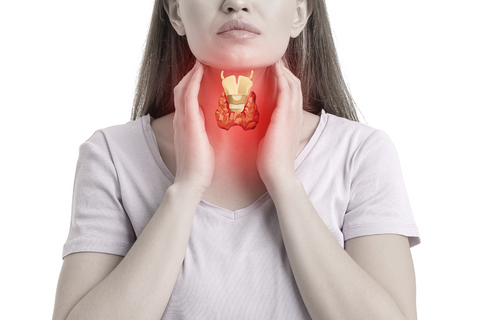 Woman holding throat with diagram of thyroid gland highlighted
